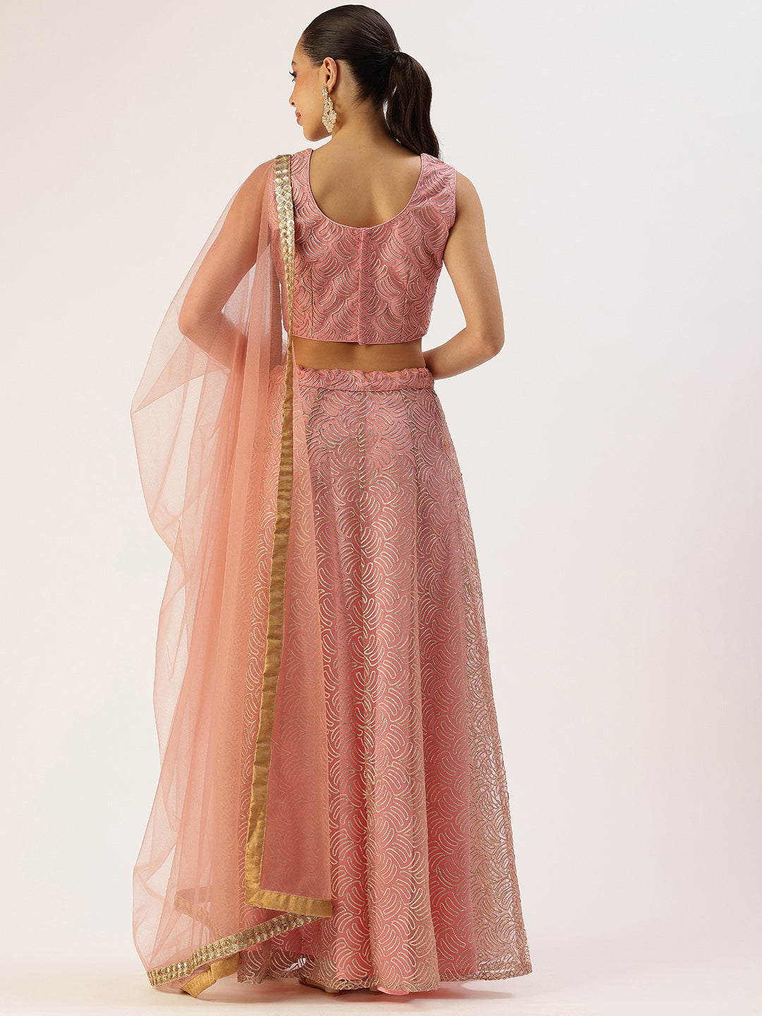 Bollywood Vogue Ready To Wear Pink Net Embroidered Kali Lehenga - Back View