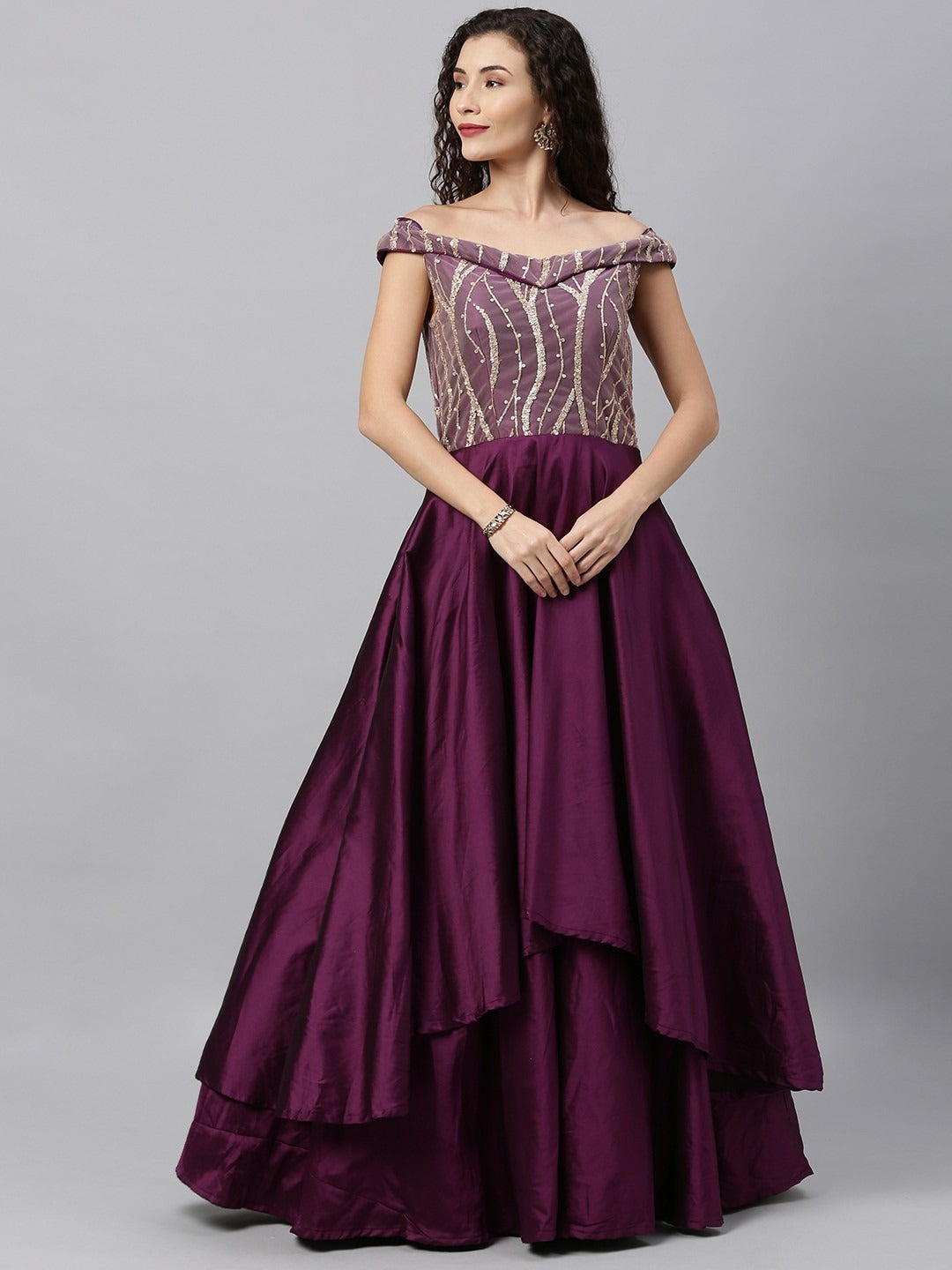 Bollywood Vogue Ready To Wear Dark Purple N Pink Embroidered Off Shoulder Gown - Look Shot