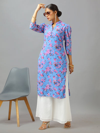 Bollywood Vogue Ready To Wear Blue N White Georgette Kurta Palazzo Set - Side View
