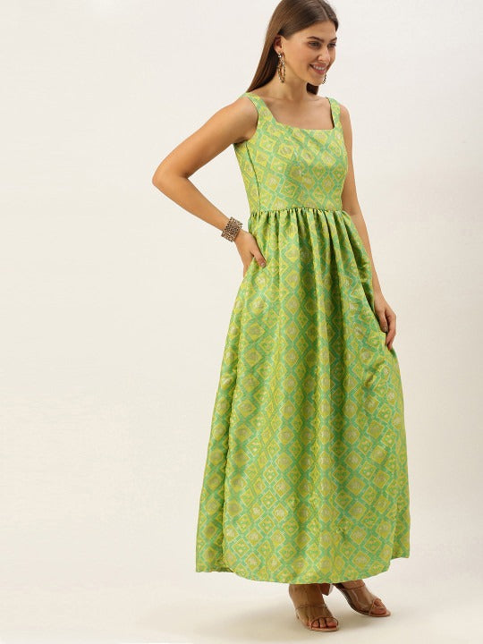 Bollywood Vogue Ready To Wear Green Patola Strap neckline Dress - Side View