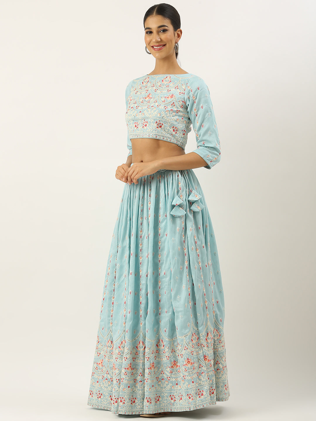 Bollywood Vogue Ready To Wear Blue Art Silk Embroidered Lehenga Set - Side View