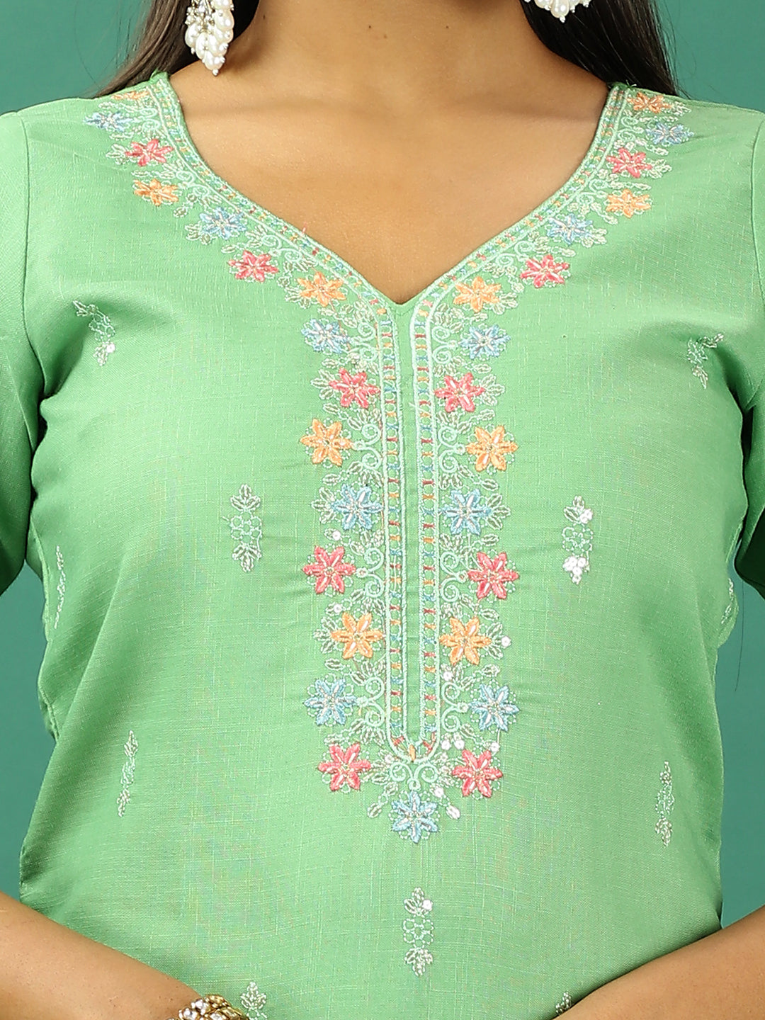 Bollywood Vogue Ready To Wear Green Rayon Embroidered Straight Pant Suit - Additional View 1