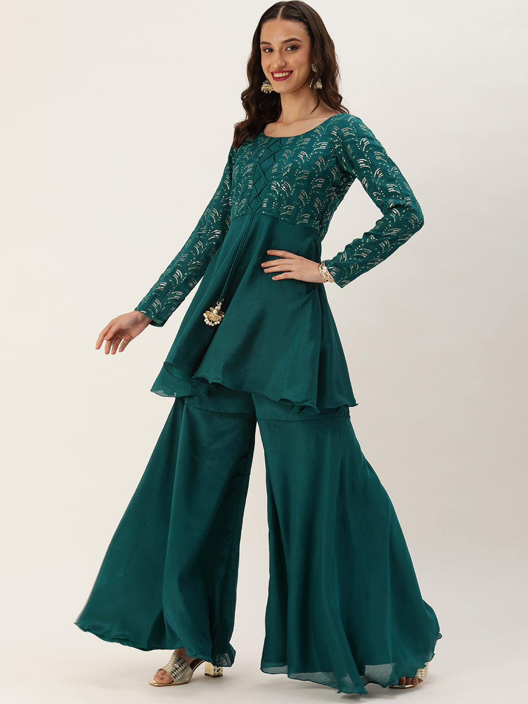 Bollywood Vogue Ready To Wear Teal Green Embroidered Gharara Set - Look Shot