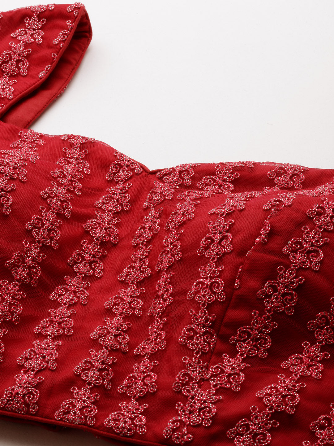 Bollywood Vogue Ready To Wear Red Net Embroidered Gathered Style Lehenga Set - Look Shot