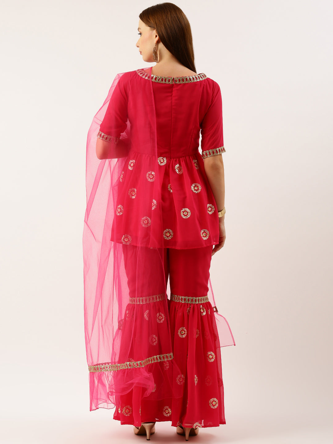 Bollywood Vogue Ready To Wear Dark Pink Georgette Embroidered Gharara Suit Set - Back View