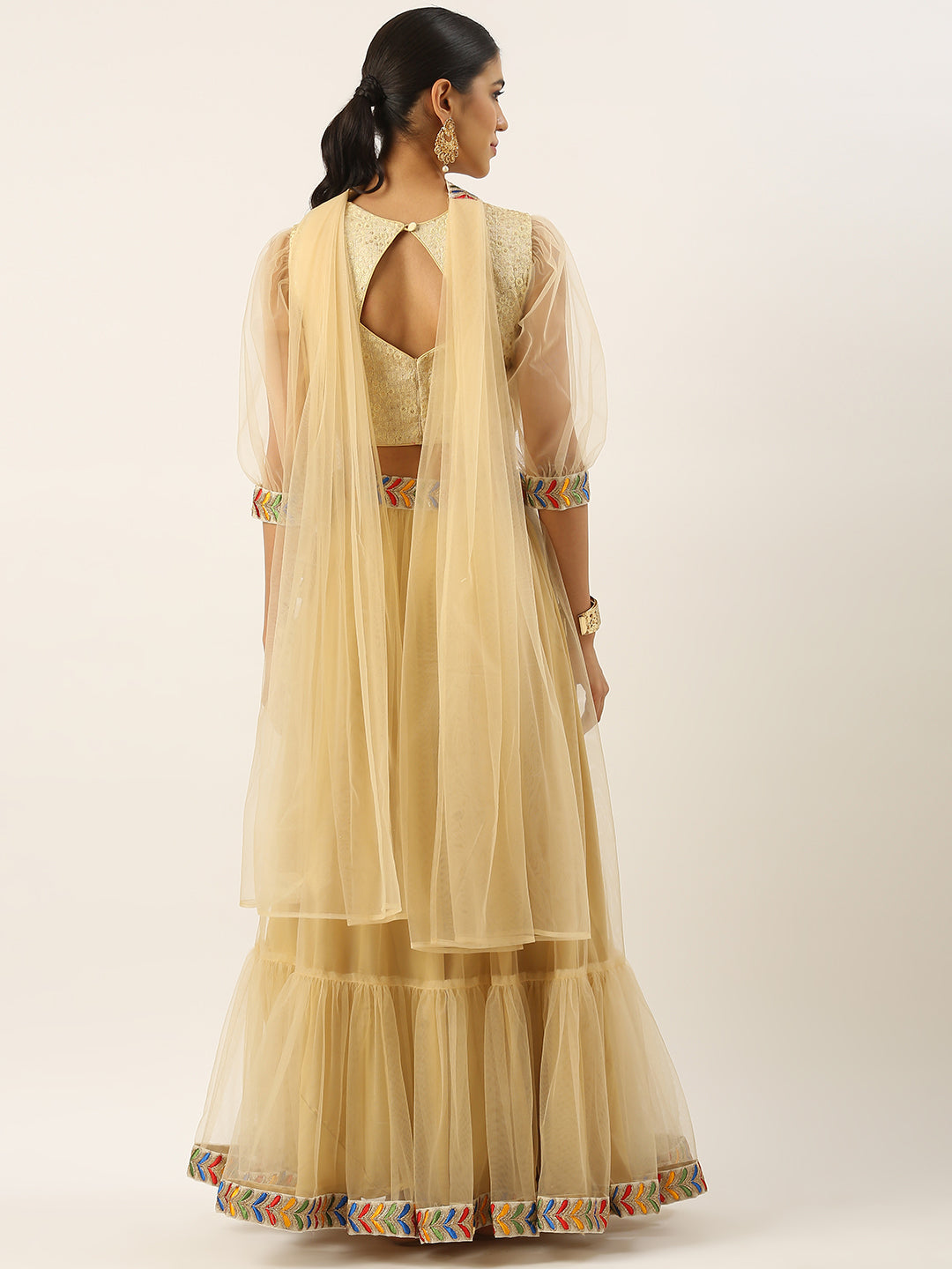Bollywood Vogue Ready To Wear Beige Embroidered Tiered Gather Style Lehenga Set - Back View