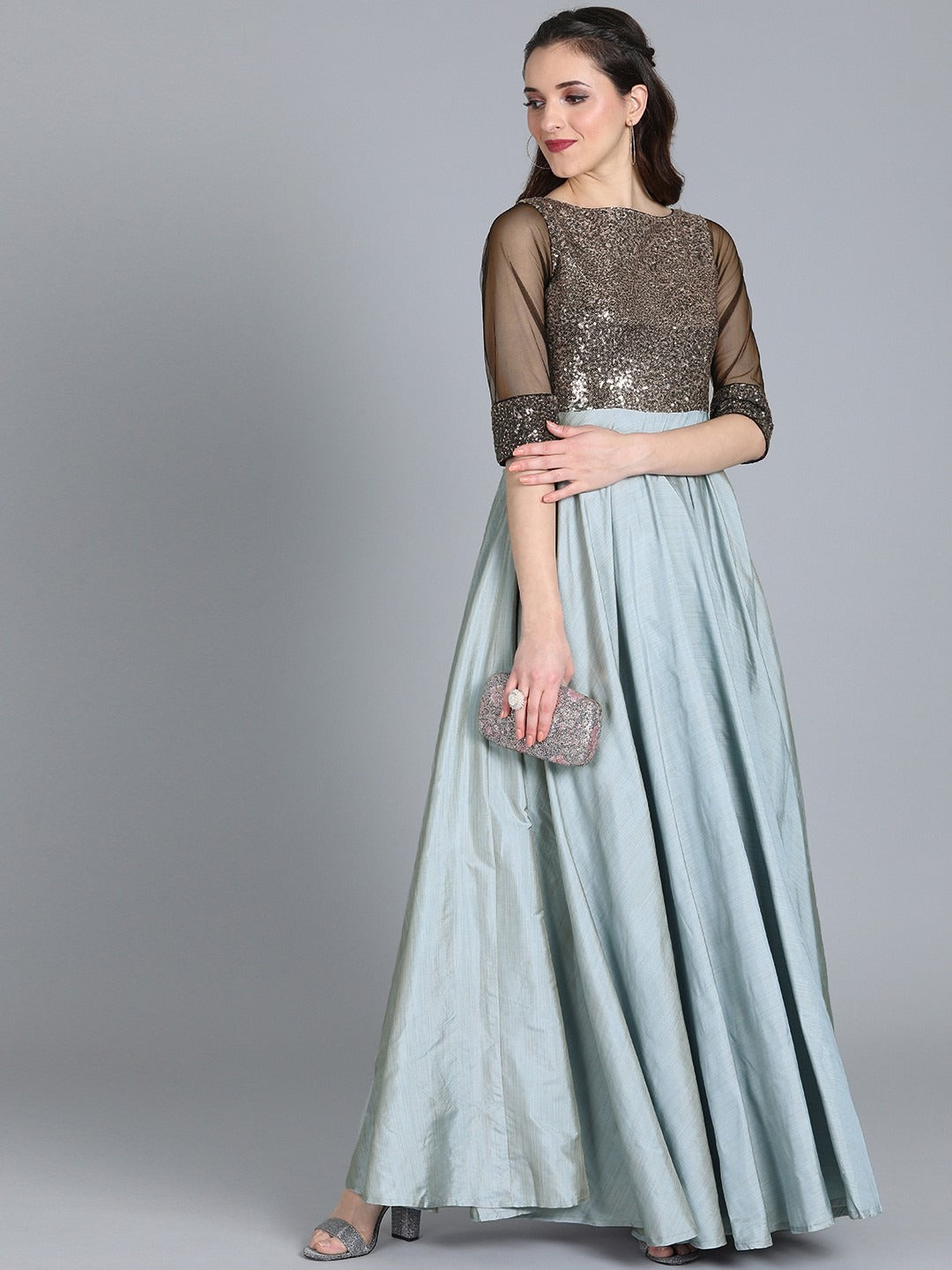 Bollywood Vogue Ready To Wear Grey Classic Full Flared Boat Neck Style Gown - Look Shot
