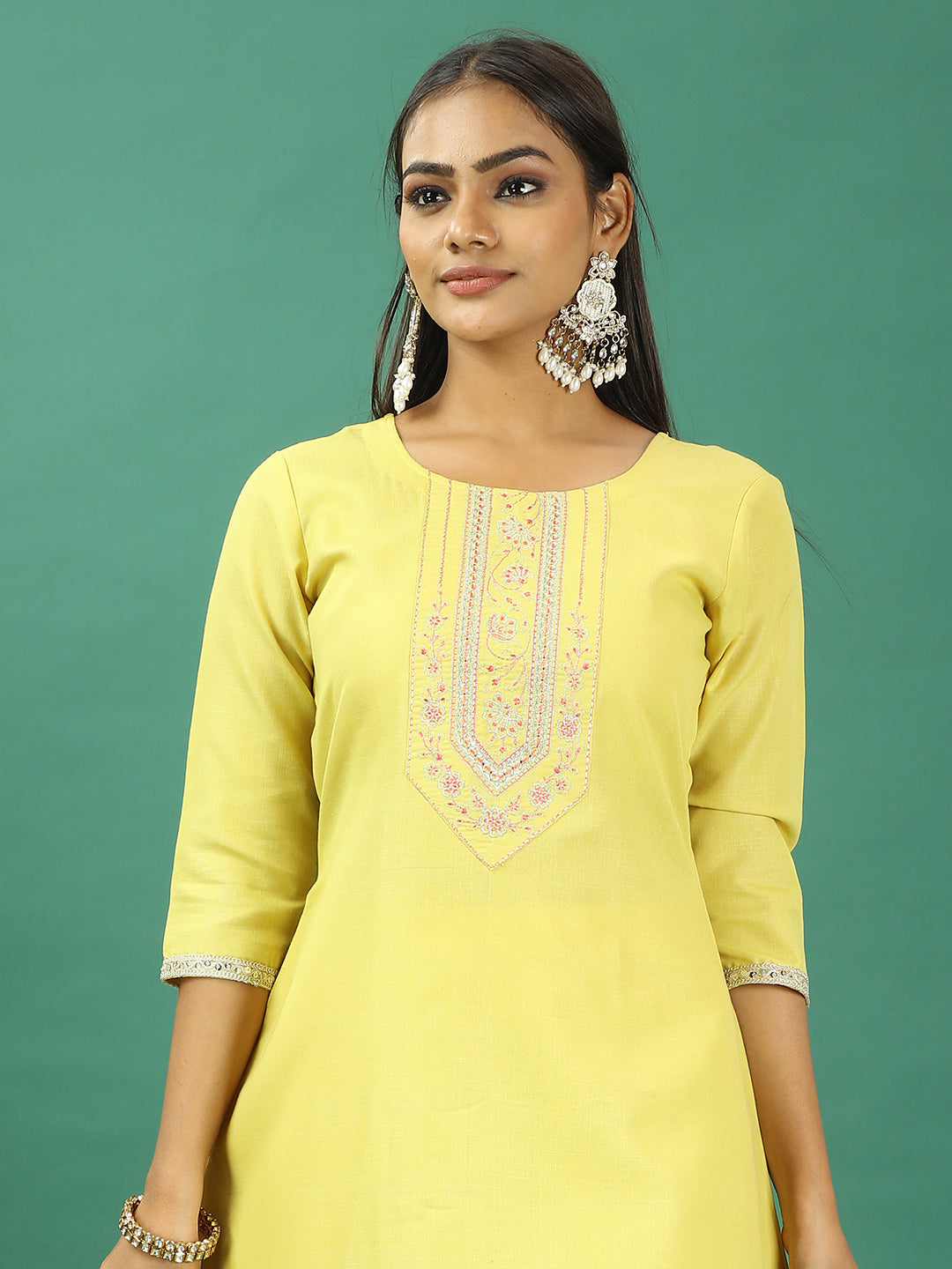 Bollywood Vogue Ready To Wear Yellow Rayon Embroidered Narrow Straight Pant Suit - Detail View