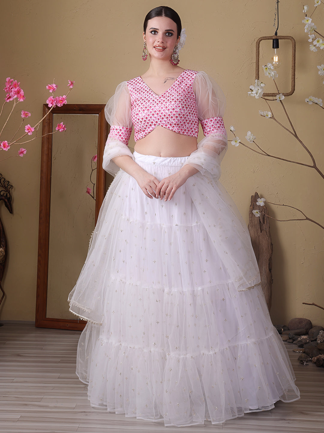 Bollywood Vogue Ready To Wear Off White Embroidered Georgette N Net Lehenga Set - Front View