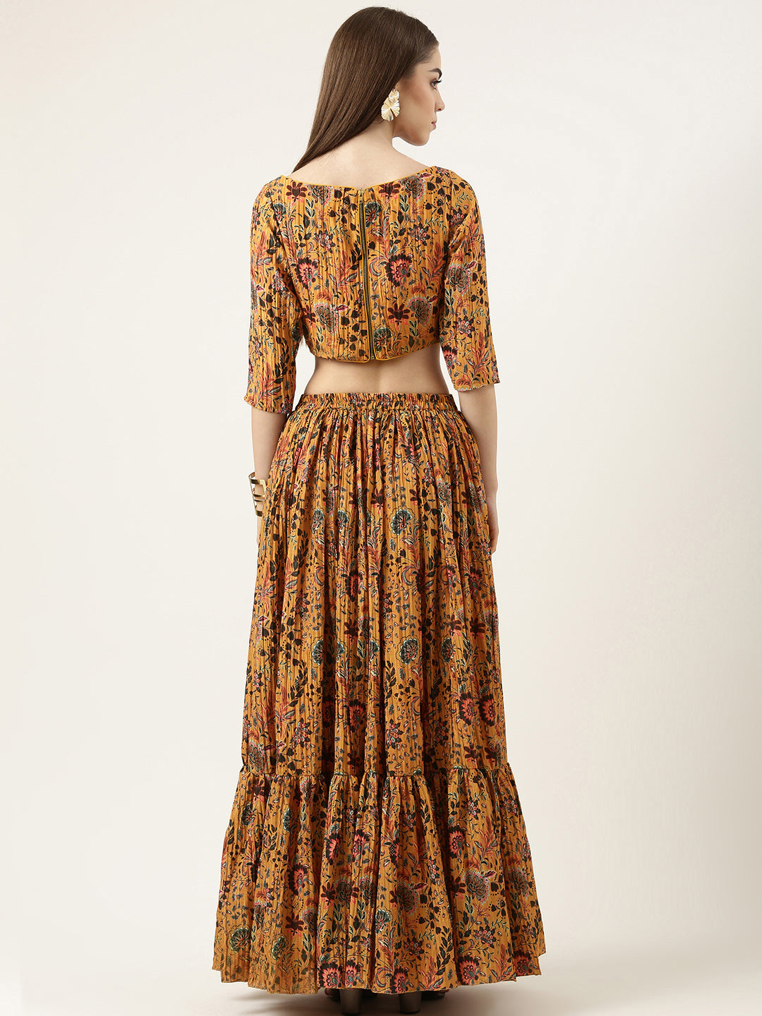Bollywood Vogue Ready To Wear Yellow chinon Foil Printed Skirt Set - Side View