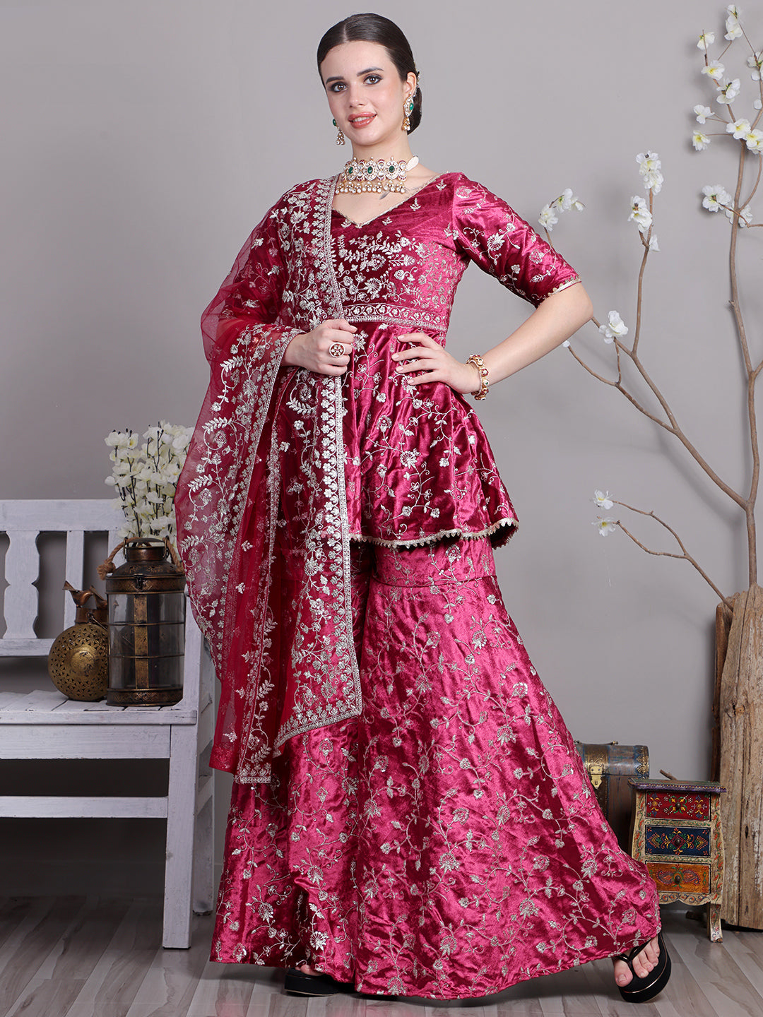Bollywood Vogue Ready To Wear Classic Top With Velvet Embroidered Sharara Suit - Front View
