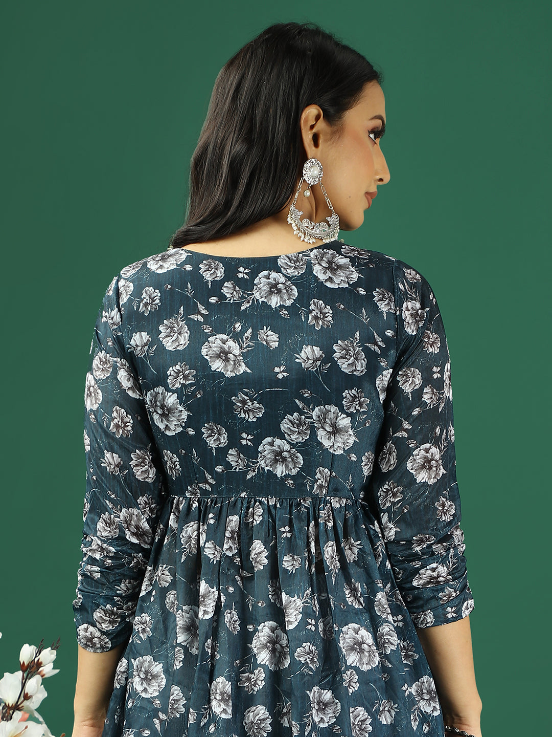 Bollywood Vogue Ready To Wear Blue Chinon Printed Gathered Style Kurta Set - Look Shot