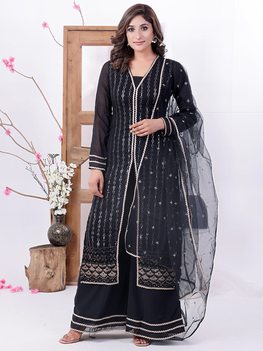 Bollywood Vogue Ready To Wear Black Georgette Embroidered Straight Suit N Palazzo - Front View