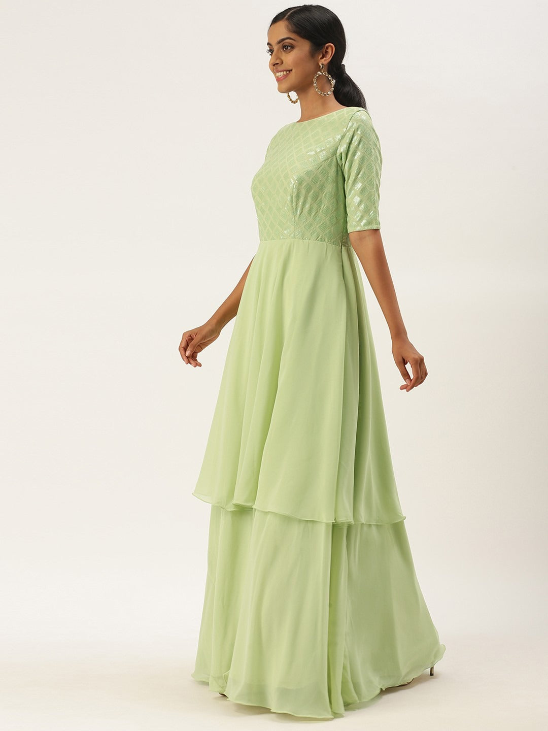 Bollywood Vogue Ready To Wear Green Georgette Embroidered Layered Gown - Additional View 1