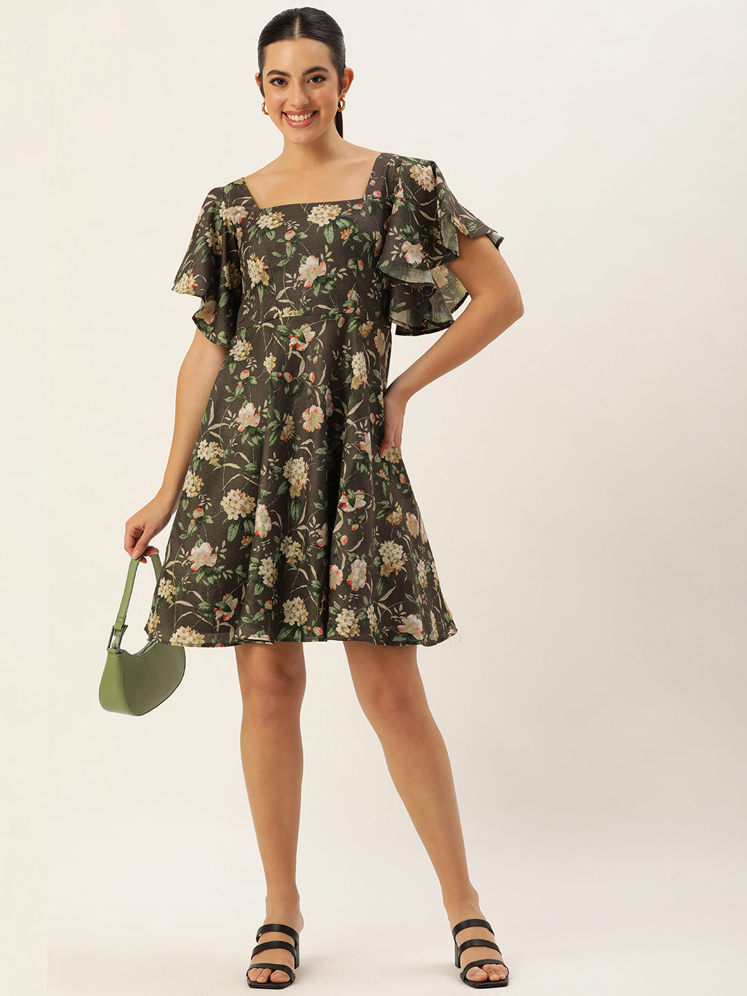 Bollywood Vogue Ready To Wear Grey Printed Cotton Dress - Front View
