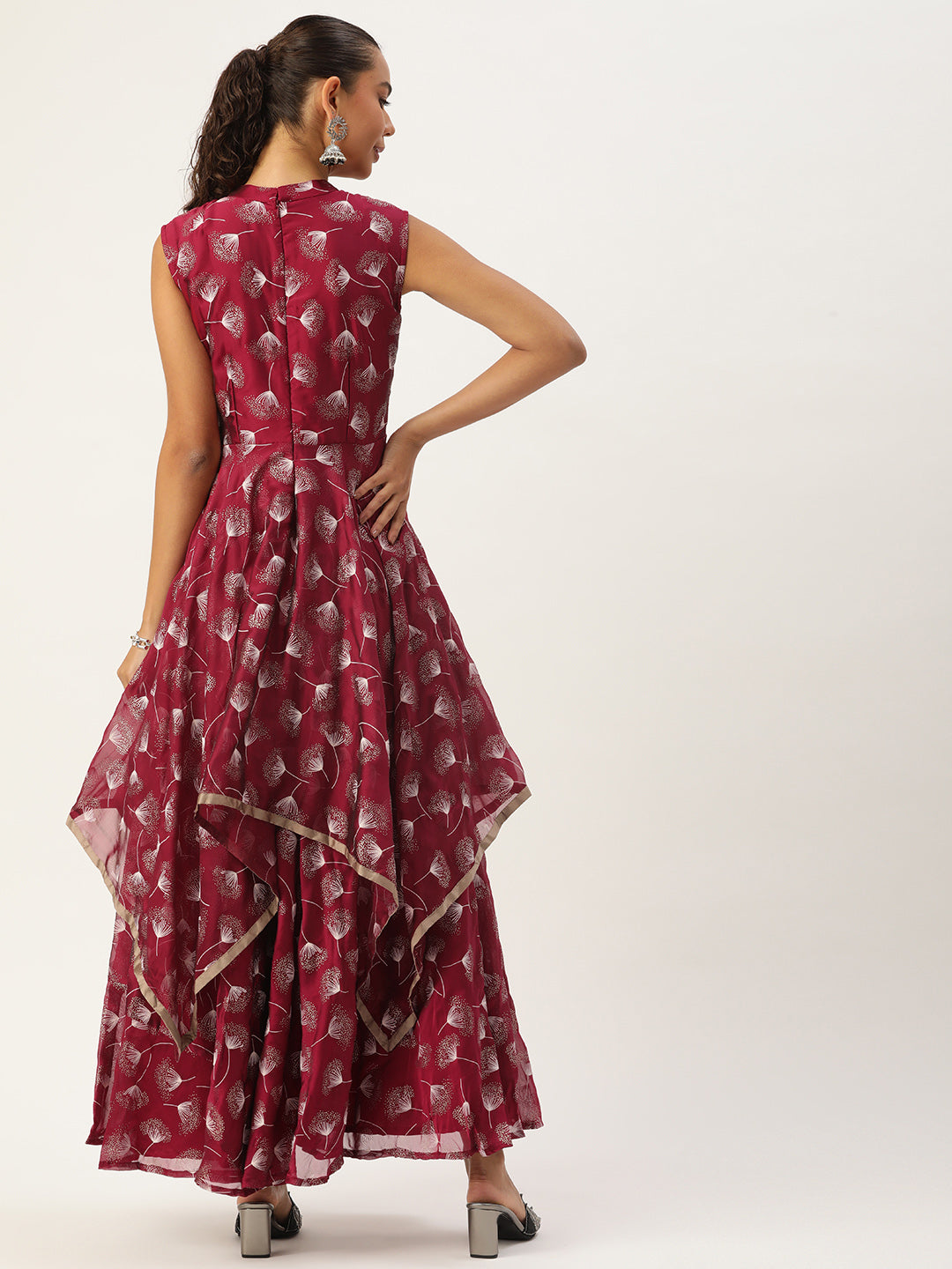 Bollywood Vogue Ready To Wear Maroon Satin Blend Foil Printed Dress - Back View