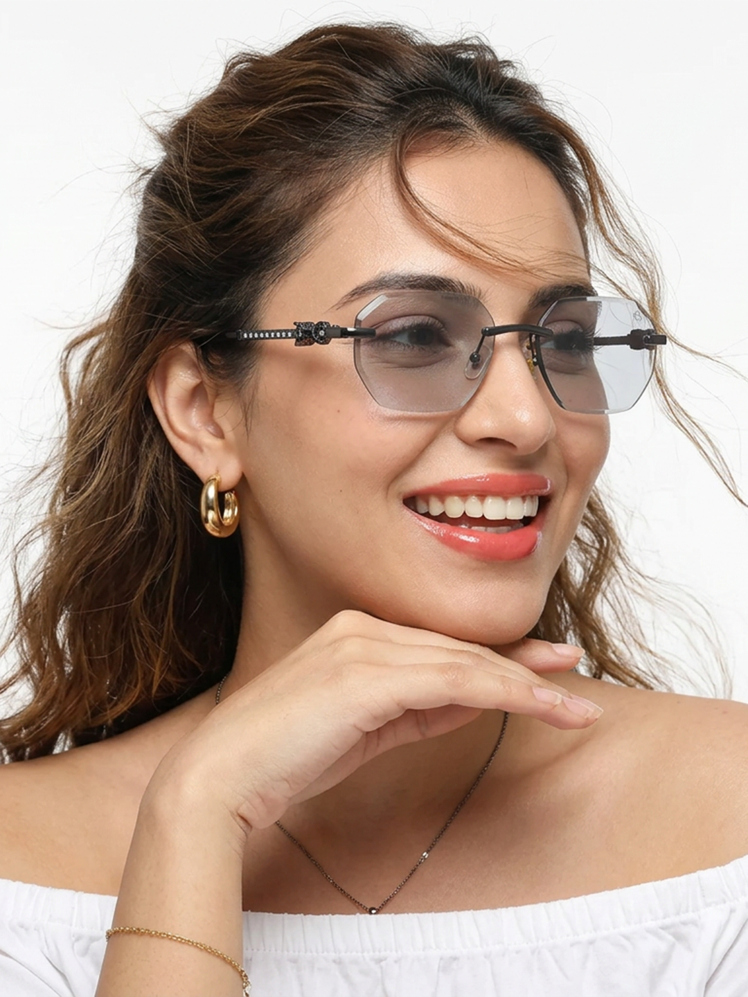 Essence Clarity Grey Rimless Sunglasses for Men and Women - worn by a male model (image 3)