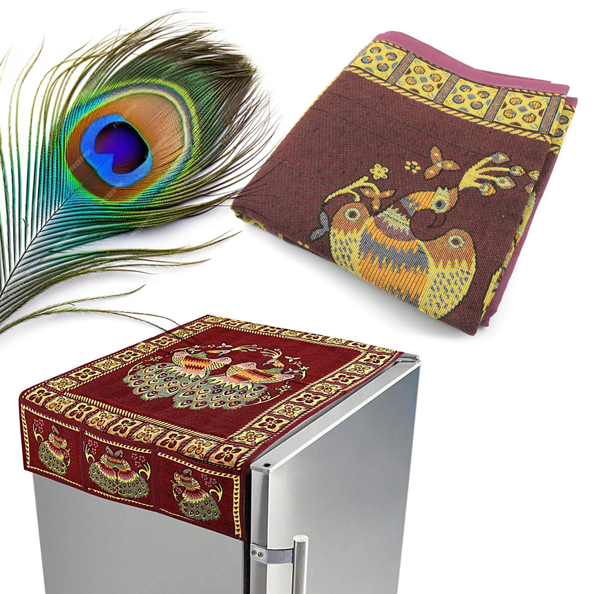 Cotton Fridge Top Cover Set - Standard Appliance Covers Fridge Dustproof Cover With Peacock Deign 6 Utility Side Pockets Fridge Cover For All Types Fridge Refrigerator Use (100x60cm)