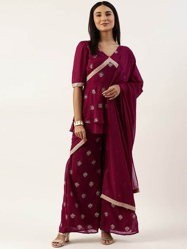 Bollywood Vogue Ready To Wear Magenta Georgette Embroidered Palazzo Suit