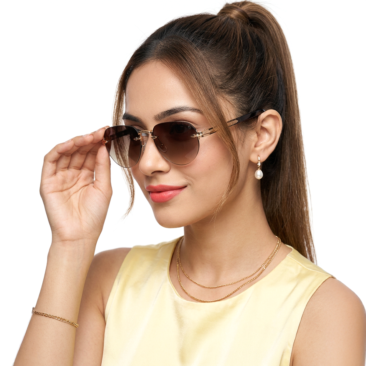 Essence Crown Golden Rimless Sunglasses for Men and Women - Style 2536 - worn by a male model (image 3)