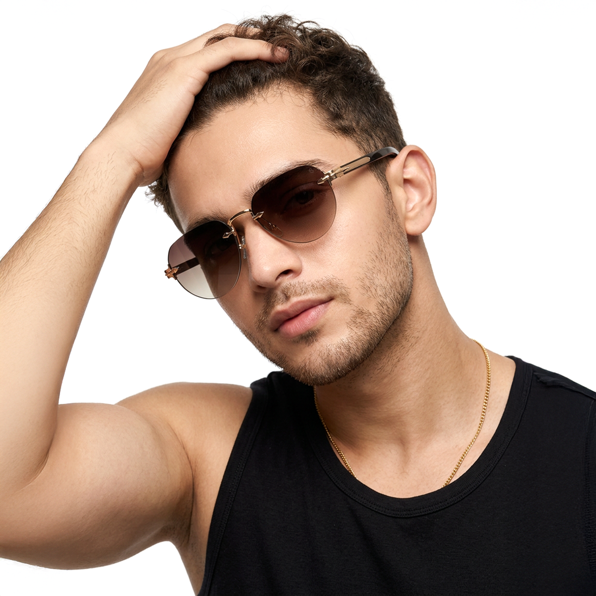 Essence Crown Golden Rimless Sunglasses for Men and Women - Style 2536 - worn by a male model (image 1)