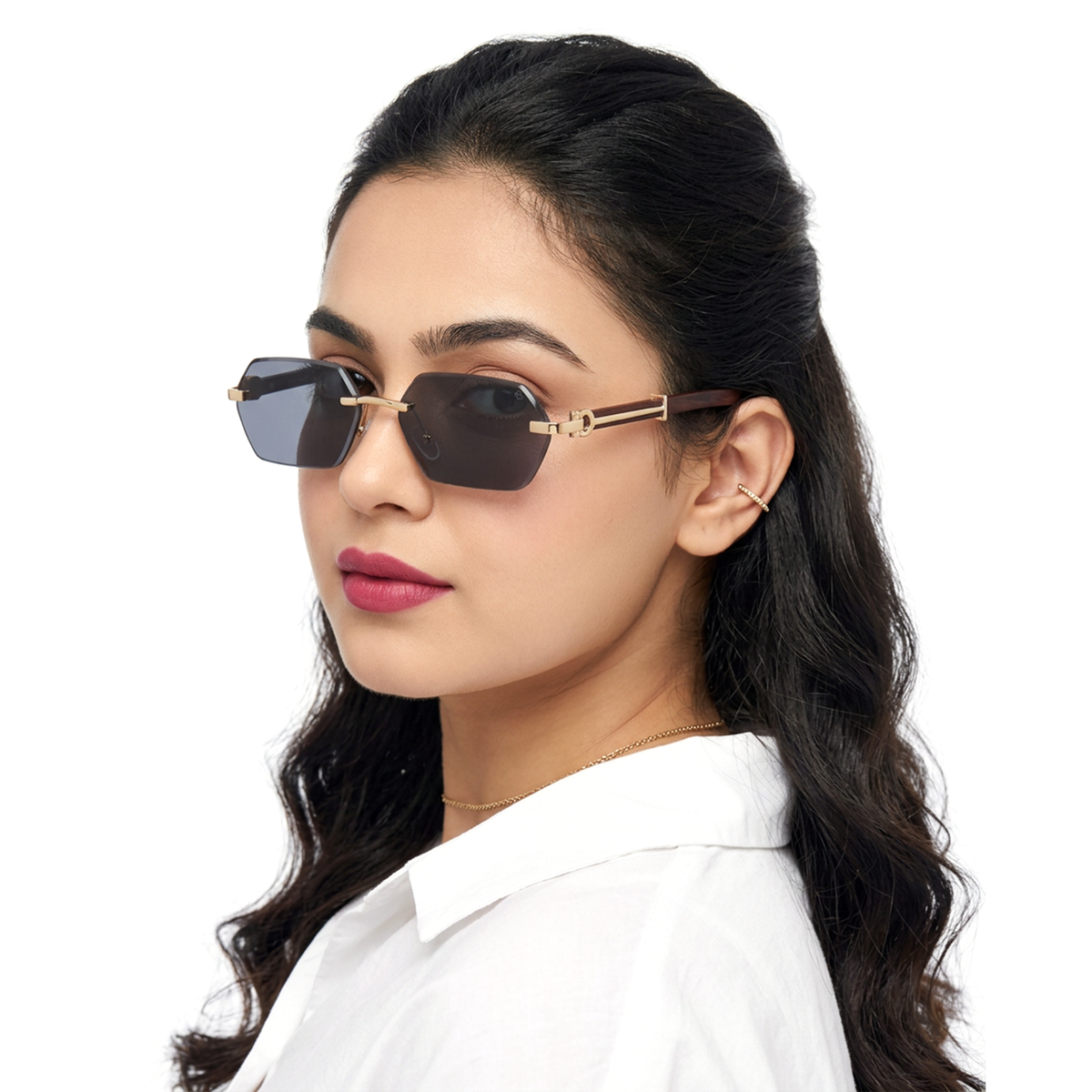 Essence Steel Golden Rimless Sunglasses for Men and Women - Style 2563 - worn by a male model (image 3)