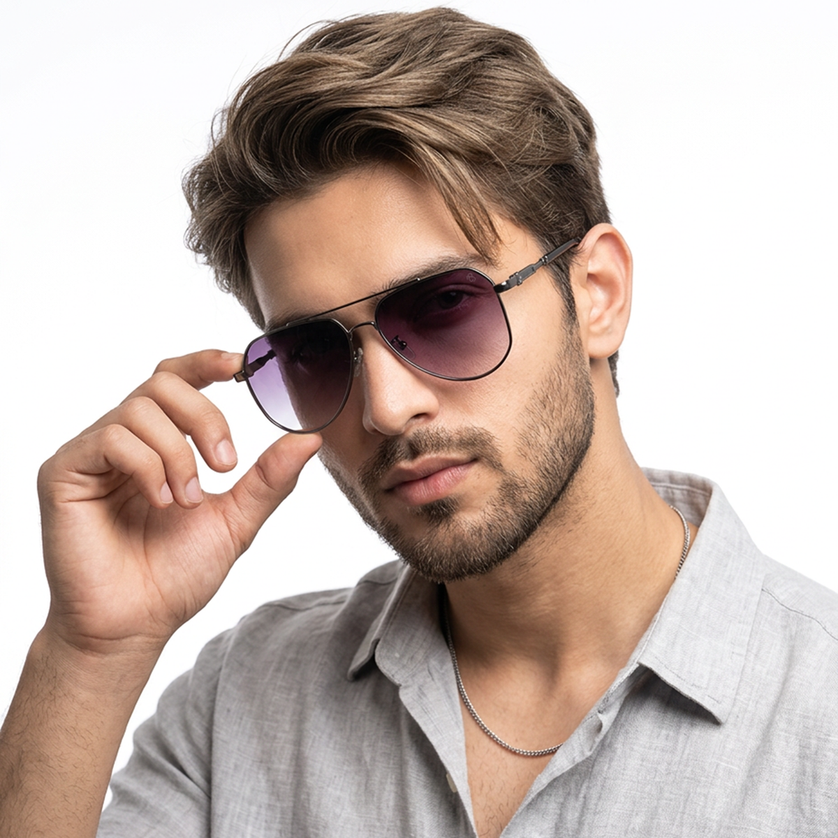 Eyejack Dark Grey Aviator Sunglasses for Men and Women - worn by a male model (image 1)