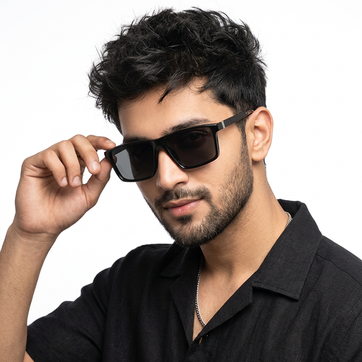 Eyejack Grey Rectangle Sunglasses for Men and Women - Style L749 - worn by a male model (image 1)