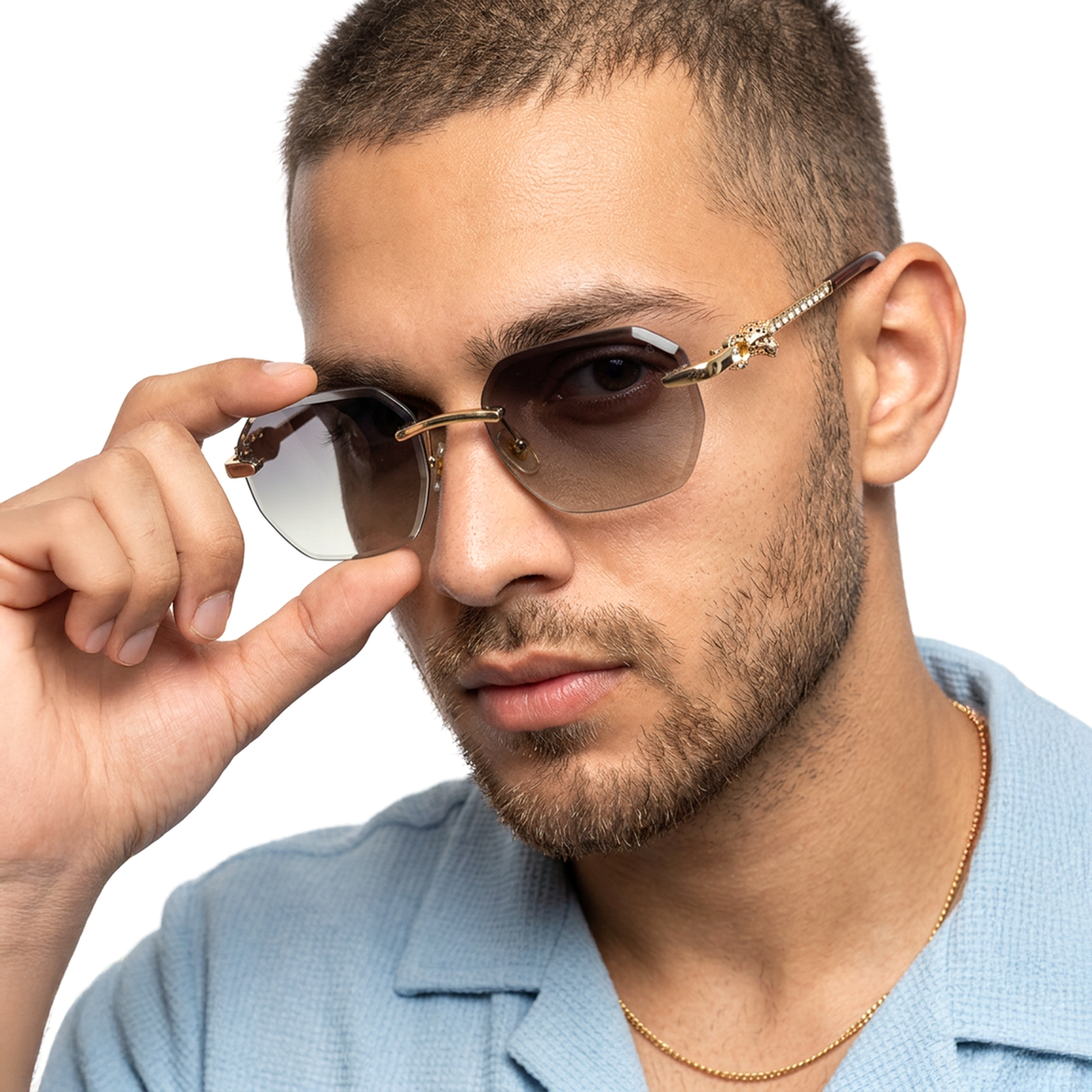 Essence Clarity Golden Rimless Sunglasses for Men and Women - Style 2528 - worn by a male model (image 1)