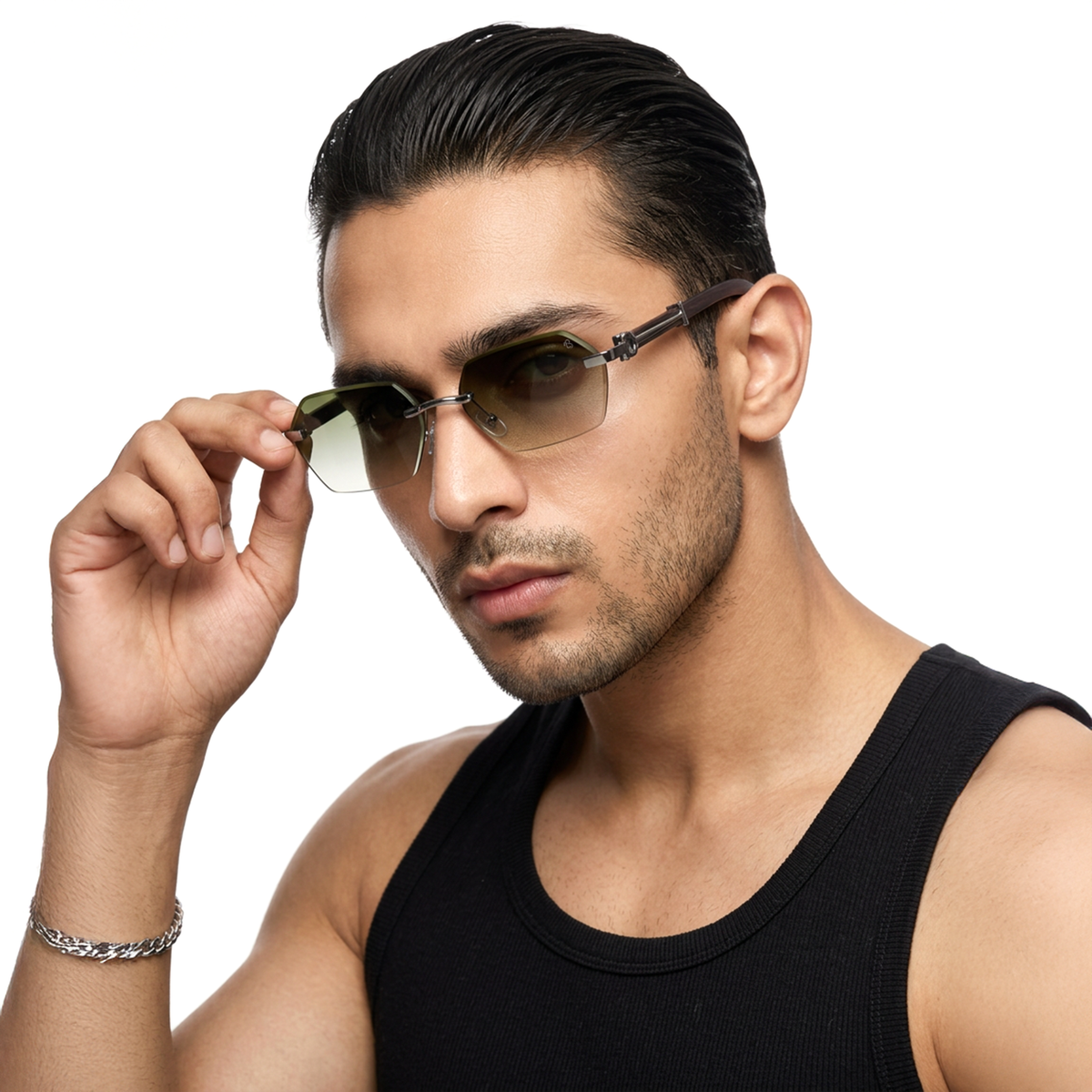 Essence Steel Silver Rimless Sunglasses for Men and Women - Style 2562 - worn by a male model (image 1)