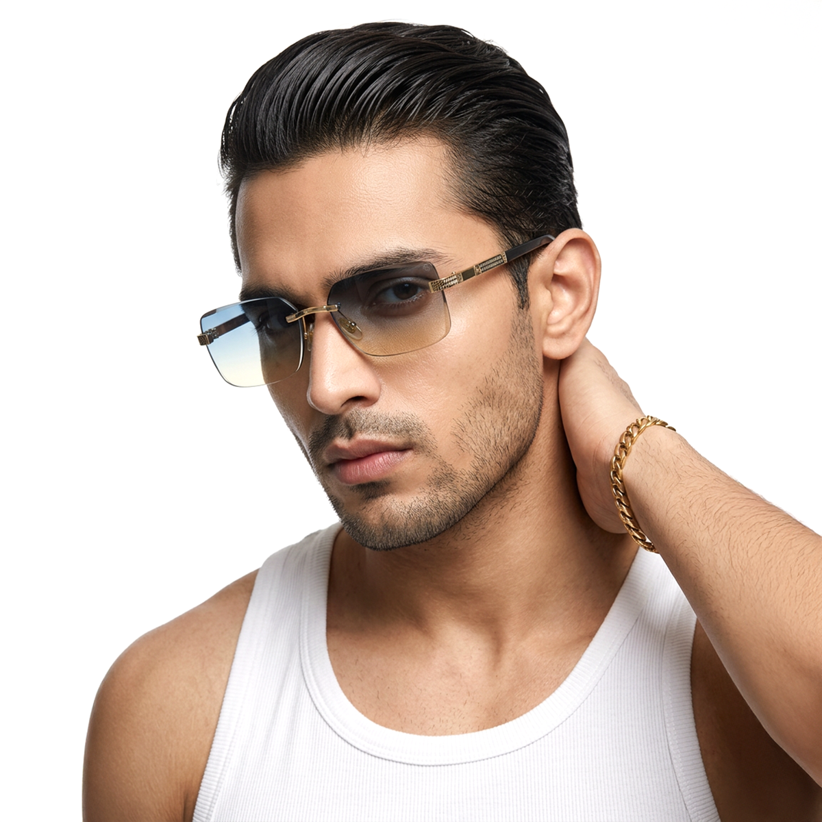 Essence Noble Golden Rimless Sunglasses for Men and Women - Style 2557 - worn by a male model (image 1)
