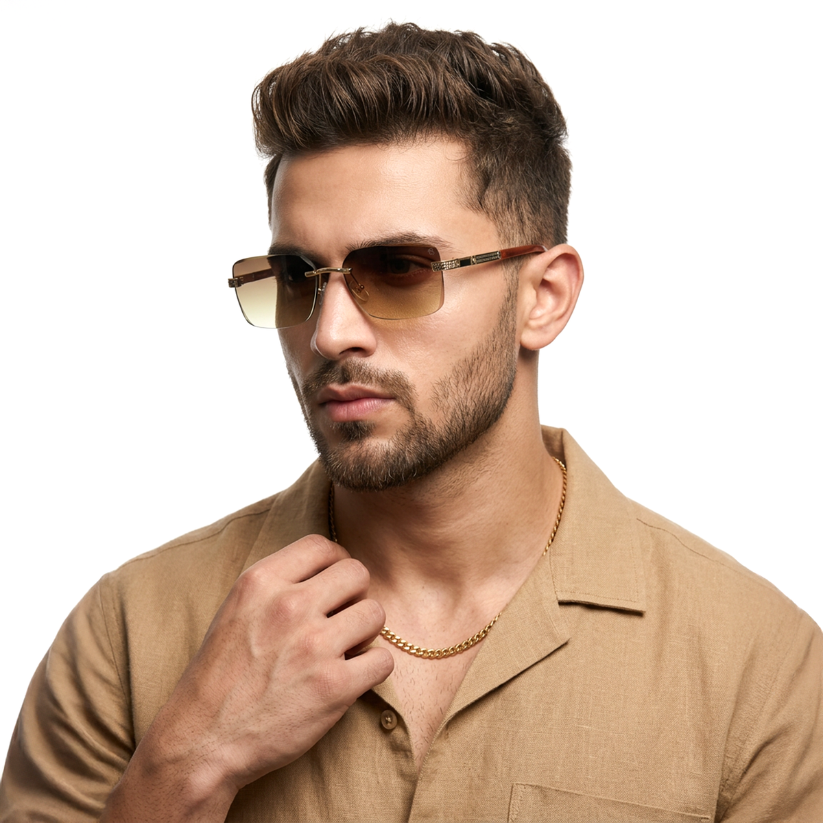 Essence Noble Golden Rimless Sunglasses for Men and Women - Style 2558 - worn by a male model (image 1)