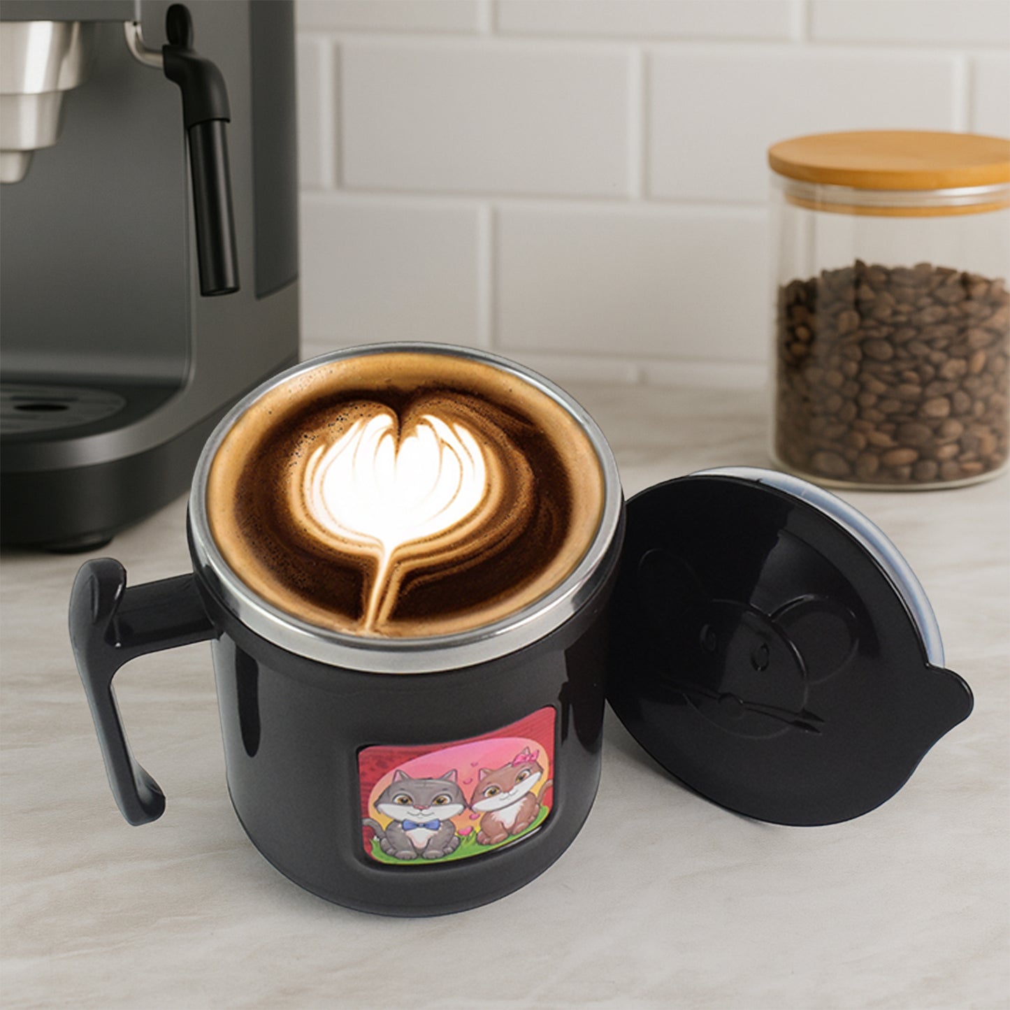 1 Pc Apex Cat Mug – 250 ml Stainless Steel Insulated Inner with Cute Cat Print and Plastic Outer Body with Leak-Proof Lid