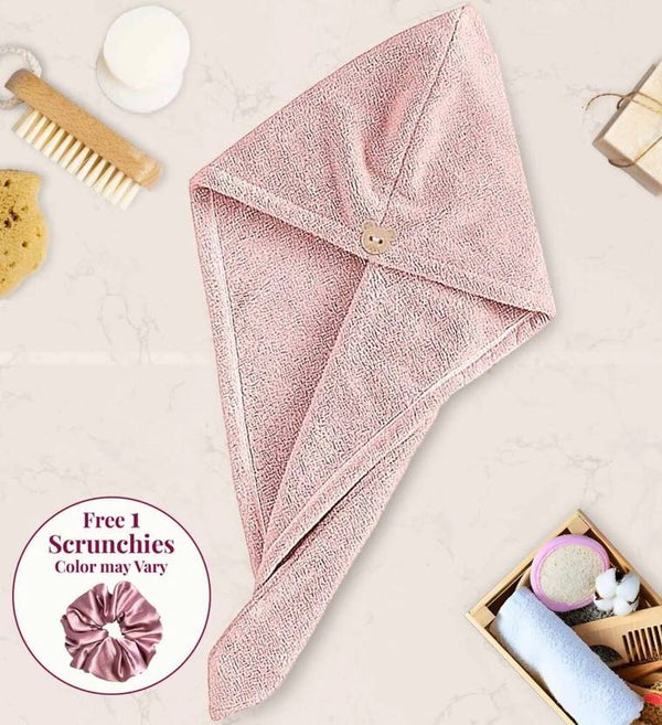 Casacraft by Pepperfry Pink 500 GSM Quick Drying Microfiber Hair Wrap Towel for Womens with Elastic Loop- Free Scrunchie -1Pcs