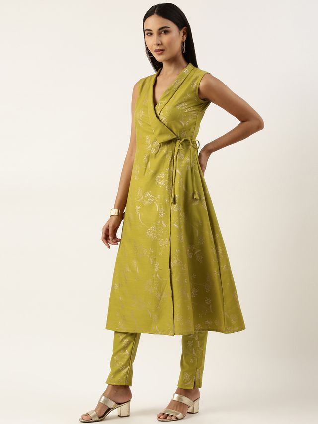 Bollywood Vogue Ready To Wear Olive Green Rayon Foil Print Kurta Set