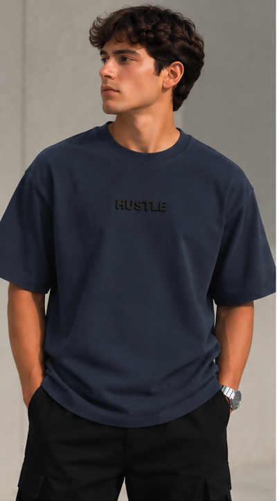 HUSTLE Men's Crew Neck Oversized Tees - Dark Navy Blue