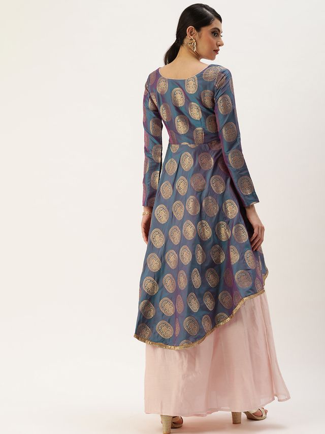 Bollywood Vogue Ready To Wear Peach N Blue Jacquard Layered Gown