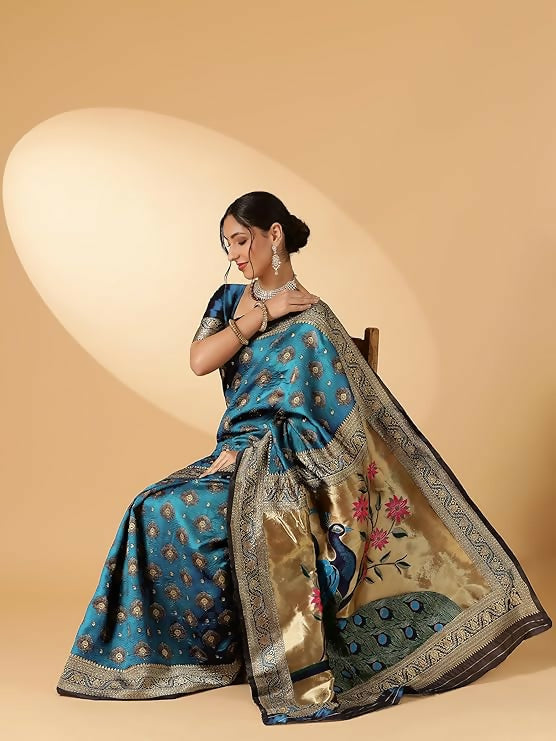 AXONIT Jacquard Silk Saree – Golden Zari Peacock Design, Festive Wear