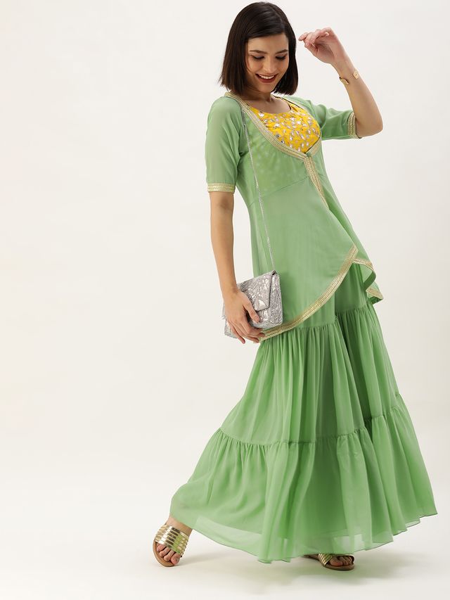 Bollywood Vogue Ready To Wear Yellow N Green Embroidered Sharara Suit