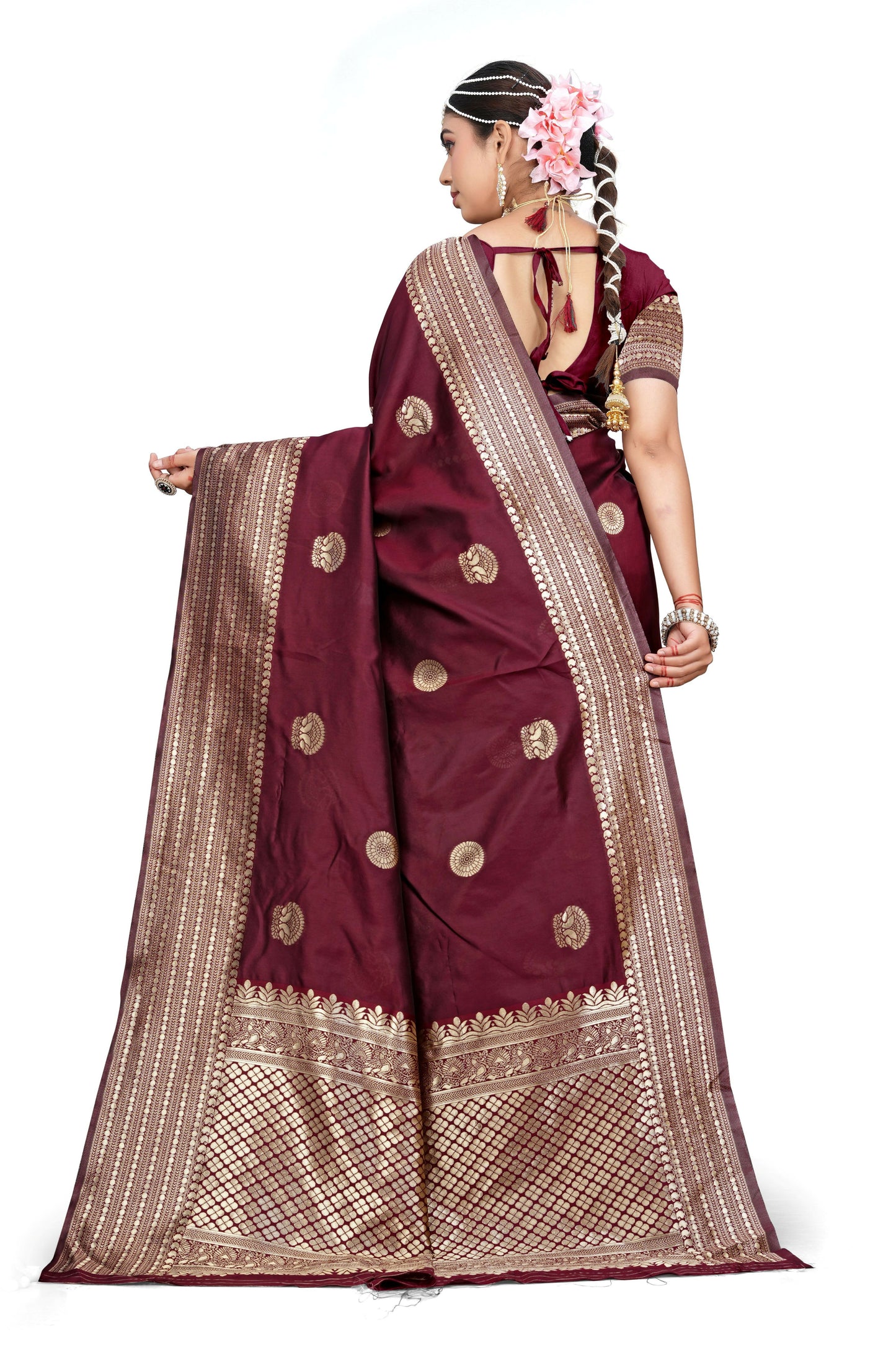 AXONIT Classic Maroon Banarasi Silk Saree with Traditional Zari Motifs