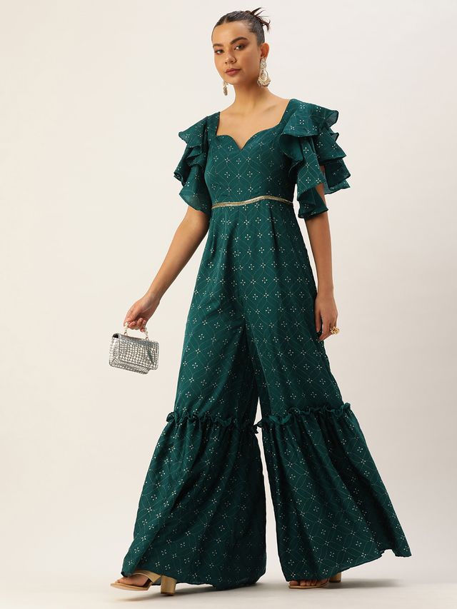 Bollywood Vogue Ready To Wear Teal Green Art Silk Foil Print Jumpsuit