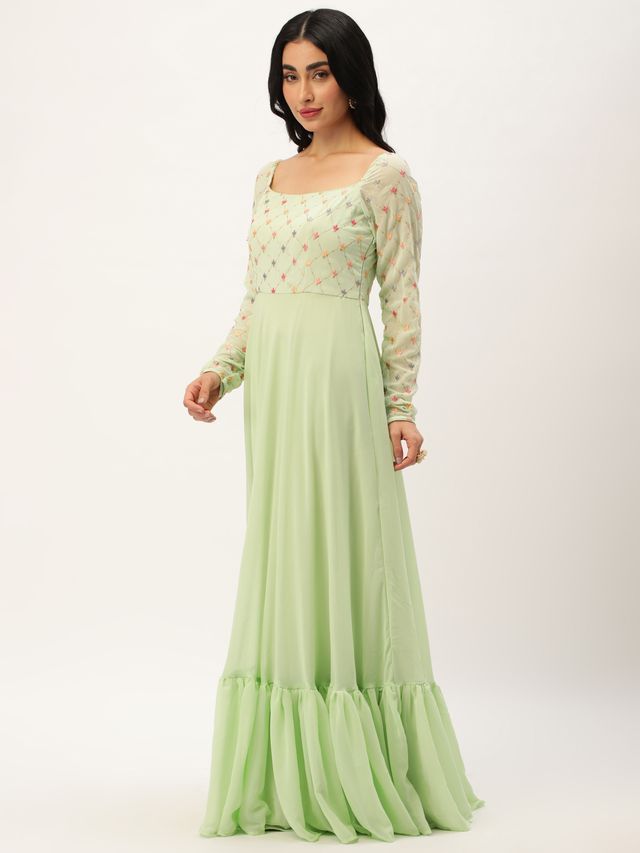 Bollywood Vogue Ready To Wear Green Georgette Embroidery Gown