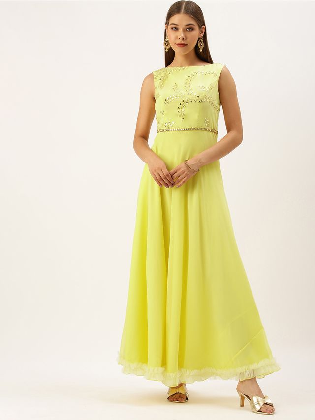 Bollywood Vogue Ready To Wear Yellow Embroidered Boat Neck Gown