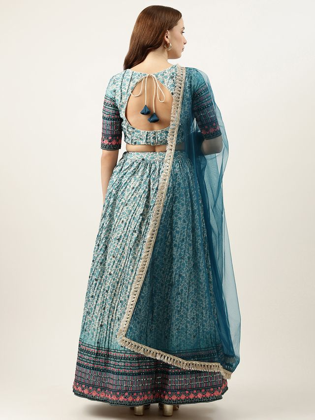 Bollywood Vogue Ready To Wear Cream N Blue Chinon Embroidered Lehenga