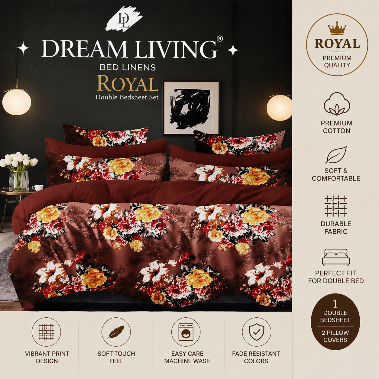 Dream Living Royal Double Bedsheet Combo with 2 Pillow Covers – 3 Piece Bedding Set, 220 × 240 cm