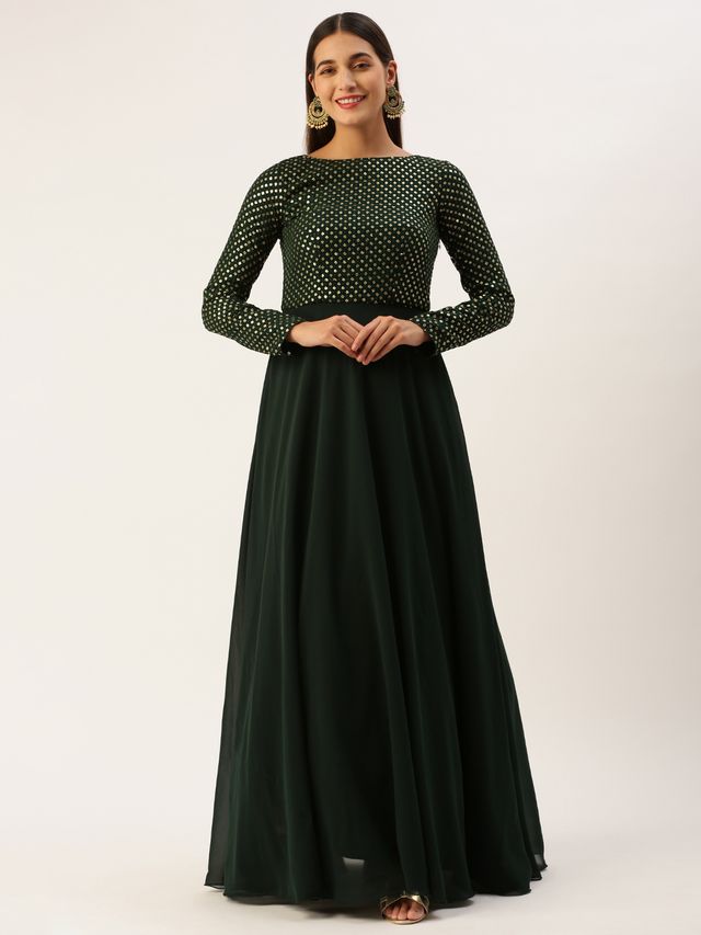Bollywood Vogue Ready To Wear Green Georgette Embroidered Gown
