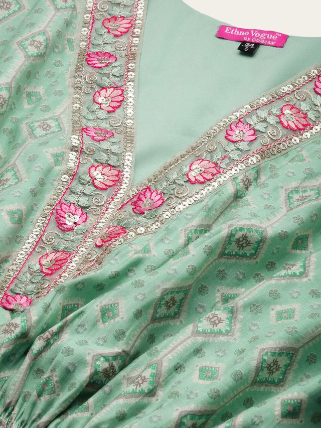 Bollywood Vogue Ready To Wear Blue Modal Satin Print Kaftan Gown