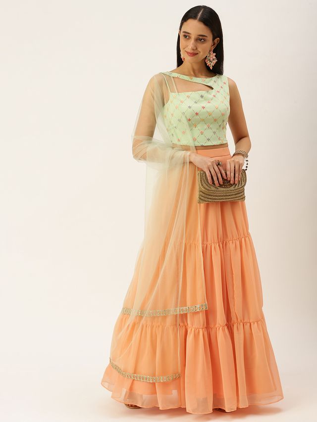Bollywood Vogue Ready To Wear Green Embroidered N Peach Lehenga