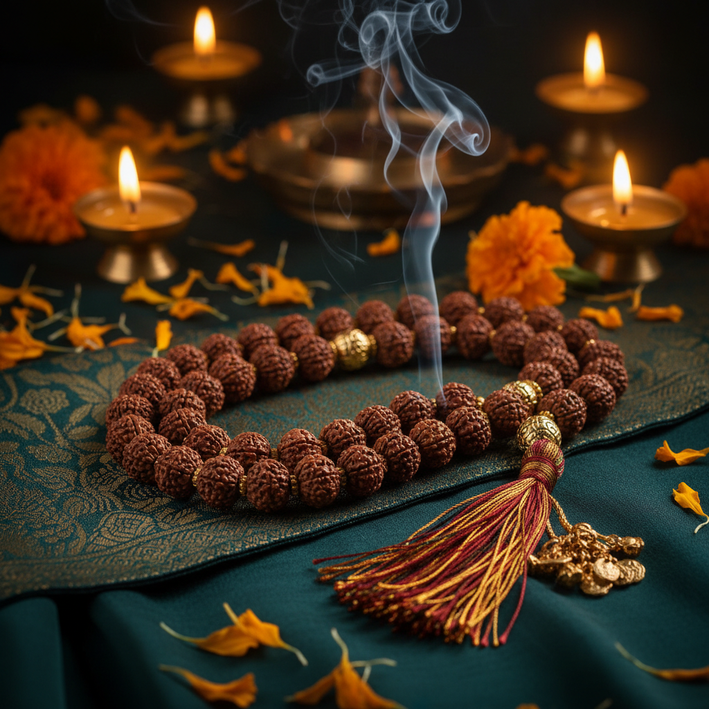 Rudraksha Mala (Traditional 108+1 Beads Sacred Rudraksha Prayer Mala for Meditation, Japa, Spiritual Healing, Inner Peace, Mindfulness and Daily Spiritual Practice)