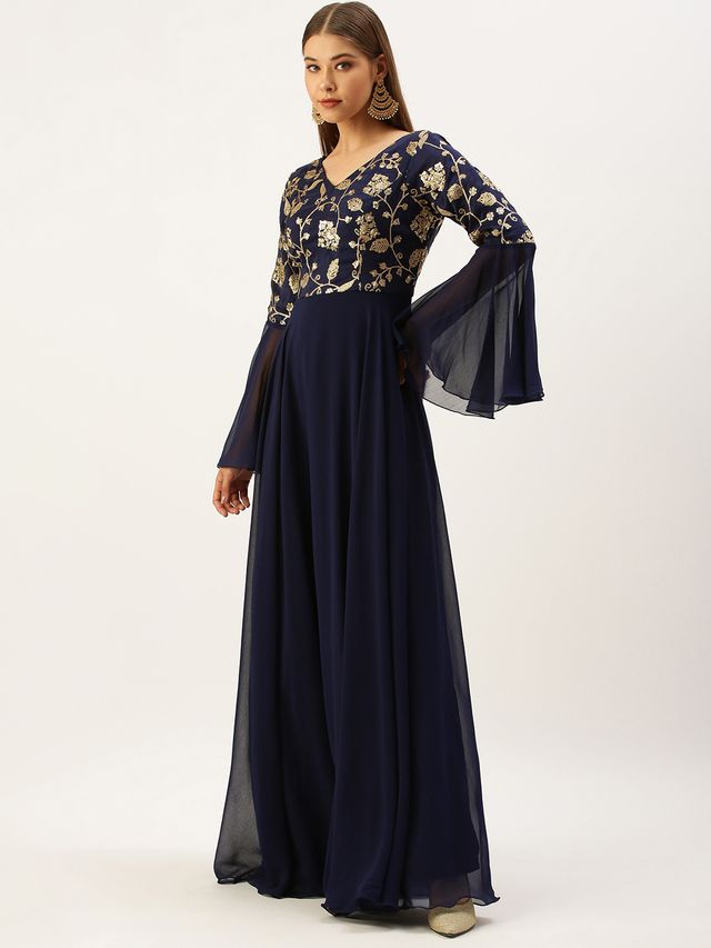 Bollywood Vogue Ready To Wear Blue Bell Sleeves Embroidered Gown